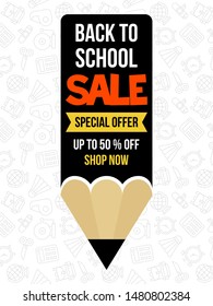 Poster template for school supplies sale, vector illustration