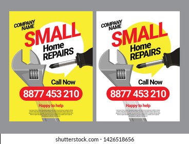Poster template service for small home repair. A set of building tools. Screwdriver, screws, adjustable wrench. Two options on a white and yellow background. Vector illustration.