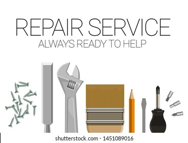 Poster template service for small home repair. A set of building tools. Screwdriver, screws, adjustable wrench. Two options on a white and yellow background. Vector illustration.