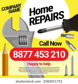 Poster template service for small home repair. A set of building tools. Screwdriver, screws, adjustable wrench. Two options on a white and yellow background. Vector illustration.