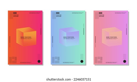 Poster Template Set with gradient Hologram theme and Geometry vector elements.
