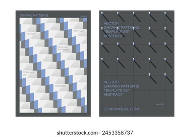 Poster template set graphic patterns abstract visual step structure stick shadow column gray background blue tone point layout lettering editorial design geometric linear flyer cover book 