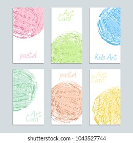 Poster template set with pastel soft color crayon card. Hand drawn art stroke shape. Colorful funny copy space group. Pastel chalk or pencil grunge design decor. Vector artistic background for text.