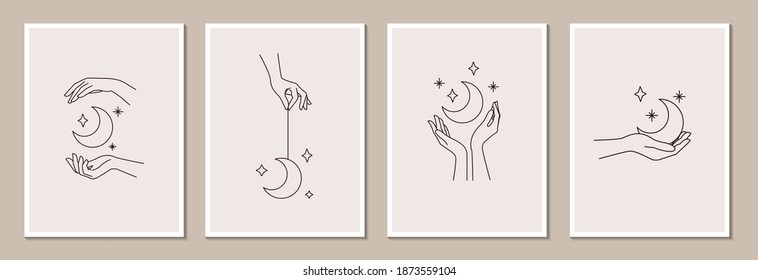 Poster template set. Woman's hand holding moon and stars, magic mystical symbol. Abstract logo template set for your design, line art style. Vector illustration