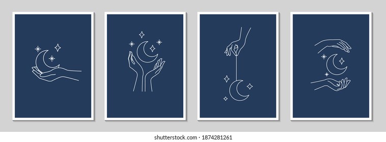 Poster template set. Woman's hand holding moon and stars, magic mystical symbol. Abstract logo template set for your design, line art style. Vector illustration