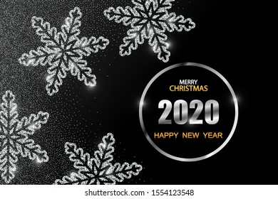 
Poster template with shiny silver snowflakes. Christmas design, 2020 new year