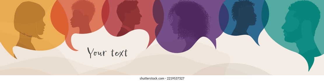 Plantilla de afiche Silhouette lidera a hombres y mujeres en perfil dentro de la burbuja de habla. Diálogo e información. Comuníquese entre un grupo de personas multiculturales.