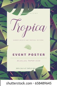 Poster template with summer tropical leaves. Vector illustration. 