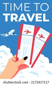 Poster template "Time to travel" and "Summer holiday" . The plane flies between the clouds in the sky. Vacation poster with the inscription. Bright colors red, blue and white. Traveling stories party.