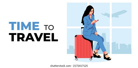 Poster template "Time to travel" and "Summer holiday" . The plane flies between the clouds in the sky. Vacation poster with the inscription. Bright colors red, blue and white. Traveling stories party.
