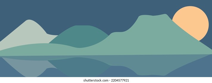 Poster template with tranquil wild mountain scenery landscape with clear water and setting sun. vector illustration.