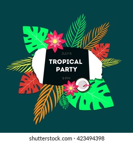Poster template of tropical party. The background is a stylized torn paper, palm leaves of tropical and exotic flowers.