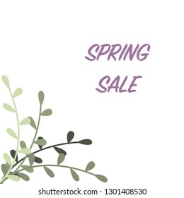 Poster template with twigs with green leaves in a corner and a text sample. Pastel colours. White background. Flat cartoon style vector illustration.