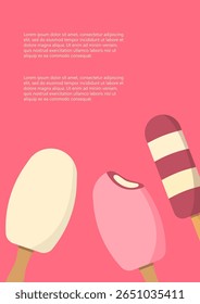 Poster template with various ice creams in flat cartoon style. Colorful popsicles, cones, and scoops. Ideal for summer ads, promotions, kids’ parties, or menu design.