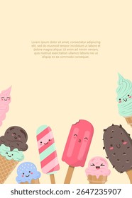 Poster template with various kawaii ice creams in flat cartoon style. Colorful popsicles, cones, and scoops. Ideal for summer ads, promotions, kids’ parties, or menu design.