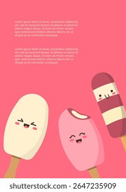 Poster template with various kawaii ice creams in flat cartoon style. Colorful popsicles, cones, and scoops. Ideal for summer ads, promotions, kids’ parties, or menu design.
