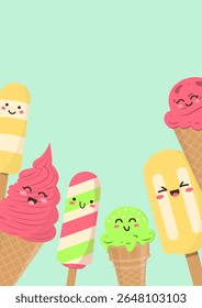 Poster template with various kawaii ice creams in flat cartoon style. Colorful popsicles, cones, and scoops. Ideal for summer ads, promotions, kids’ parties, or menu design.