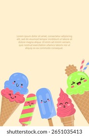 Poster template with various kawaii ice creams in flat cartoon style. Colorful popsicles, cones, and scoops. Ideal for summer ads, promotions, kids’ parties, or menu design.