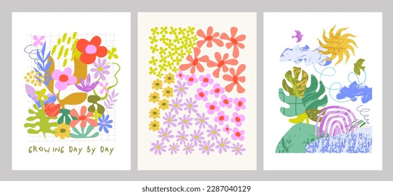 Plantilla de póster con varias formas y objetos de doodle. Resumen de las modernas tarjetas de moda.  Perfecto para impresiones textiles. Ilustración vectorial editable