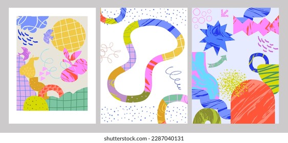Poster template with various shapes and doodle objects. Abstract contemporary modern trendy cards.  Perfect for textile prints. Editable vector illustration