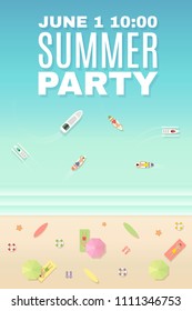 Poster template. Vector beach landscape with people, ships, lifebuoy, umbrellas and sandals.