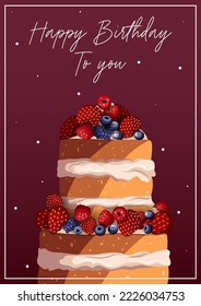 Poster template. Vector illustration of Birthday card with berry custard cake and text Happy Birthday to you isolated on dark. Birthday party, invitation, print, greeting card, banner concept.