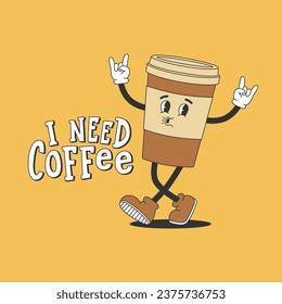 Plantilla de afiches con taza de café que camina al estilo groovy. Personaje de caricatura en estilo retro moderno y texto Necesito café. Ilustración del vector