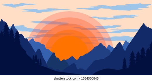 Poster template with wild mountains landscape. Vector illustration