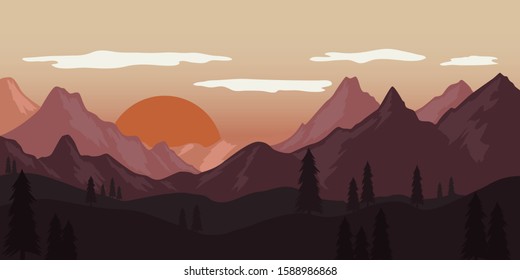 Poster template with wild mountains landscape. Design element for banner, flyer, card. Vector illustration