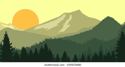 Poster template with wild mountains landscape. Design element for banner, flyer, card. Vector illustration