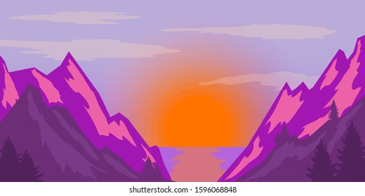Poster template with wild mountains landscape. Design element for banner, flyer, card. Vector illustration