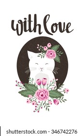 Poster template - "with love". Wedding, marriage, save the date, Valentine's day. Stylish simple floral design. Vector illustration.