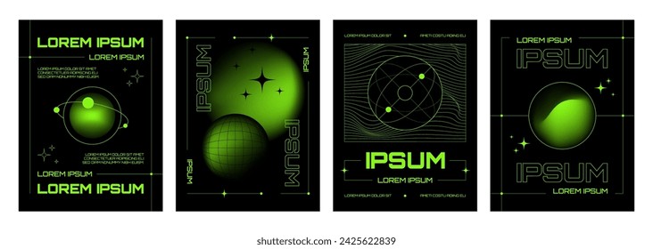 Poster template in y2k retro futuristic style with abstract grid and gradient green shapes on black background. Vector set of banner design layout with wireframe sphere, pattern and typography.