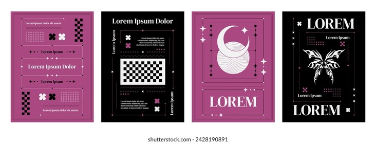 Poster template in y2k style with simple line frame and shape, sparkle and moon stickers, abstract neo tribal butterfly element and typography. Vector set of minimal banner or cover design layout.