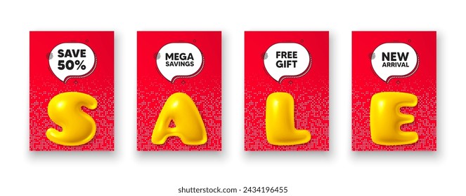 Poster-Vorlagen mit 3D-Verkaufstext. Sparen Sie 50 Prozent Rabatt. Sale Discount-Preisschild. Symbol für Sonderangebote. Rabatt-Poster-Frame-Nachricht. Biete Chat-Blasen an. Sprechblase Text. Vektor