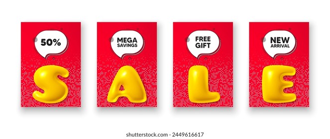 Poster templates with 3d sale text. 50 percent off sale tag. Discount offer price sign. Special offer symbol. Discount poster frame message. Offer chat bubbles. Text speech balloon. Vector