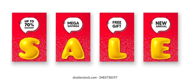 Poster templates with 3d sale text. Up to 70 percent discount. Sale offer price sign. Special offer symbol. Save 70 percentages. Discount tag poster frame message. Offer chat bubbles. Vector