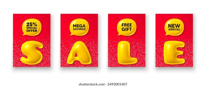 Poster templates with 3d sale text. 25 percent discount offer tag. Sale price promo sign. Special offer symbol. Discount poster frame message. Offer chat bubbles. Text speech balloon. Vector