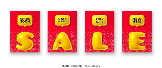 Poster templates with 3d sale text. Coming soon tag. Promotion banner sign. New product release symbol. Coming soon poster frame message. Offer chat bubbles. Text speech balloon. Vector