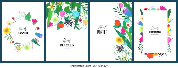 Plantillas de afiches con flores abstractas de dibujo. Juego de carteles dibujado a mano con arte floral. Elementos botánicos de la colección de la cubierta de vacaciones de primavera. Pancartas con flores de verano. Diseño de los pasos de postales de plantas herbáceas