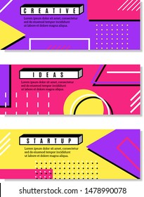 Poster templates with abstract shapes, geometric style 80s Memphis flat and linear design elements. Retro art for covers, banners, flyers and posters. Eps10 vector illustration, business cards