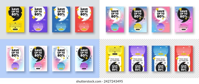 Poster templates design with quote, comma. Save up to 80 percent tag. Discount Sale offer price sign. Special offer symbol. Discount poster frame message. Quotation offer bubbles. Vector