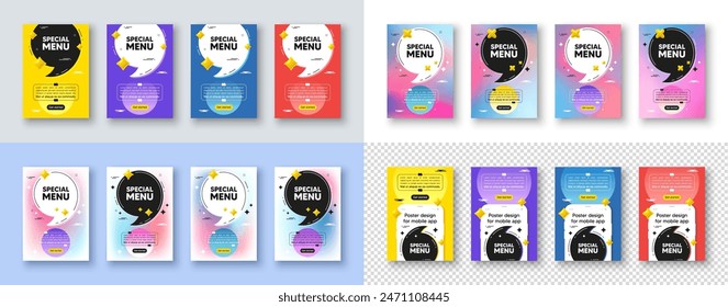 Poster templates design with quote, comma. Special menu tag. Kitchen food offer. Restaurant menu. Special menu poster frame message. Quotation offer bubbles. Comma text balloon. Vector