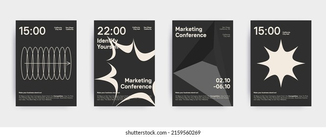 Poster templates graphic design in Brutalism style. Vector cover layout with abstract elements and geometric shapes, useful for poster art, website headers, front page design, decorative prints.