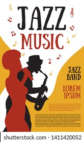 Poster templates for jazz music festival,concert with silhouette of jazz musicians and african girl singer.Retro style illustration