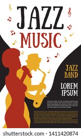 Poster templates for jazz music festival,concert with silhouette of jazz musicians and african girl singer.Retro style illustration