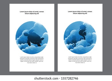 Poster templates kit. Fantasy night, sky and blue ocean animals silhouettes