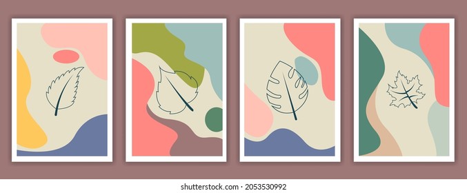 poster templates with organic leaves in vintage colors. Contemporary wedding invitations, greeting cards pastel color, packaging and branding design. vector illustration