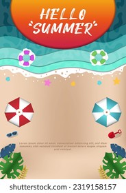 Poster Templates Paper Cut Hello Summer with Sunset and Beach Illustration