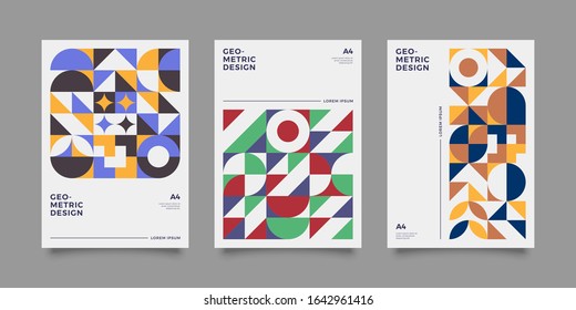 Poster templates set with Geometric shapes, Retro, bauhaus, swiss geometric style design elements. Retro, bauhaus art for covers, banners, flyers and posters. Eps 10 vector illustrations